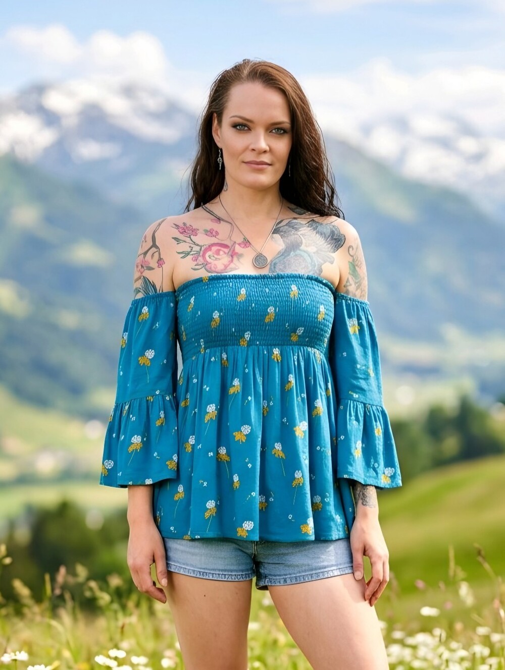 Free People ✦ Lana Off‑Shoulder Tunic ✦ Blue Floral Bell Sleeve Garden Style M